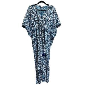 Pax Philomena Kaftan Blue Floral Long Short Sleeve Cotton FLAWED One Size Resort